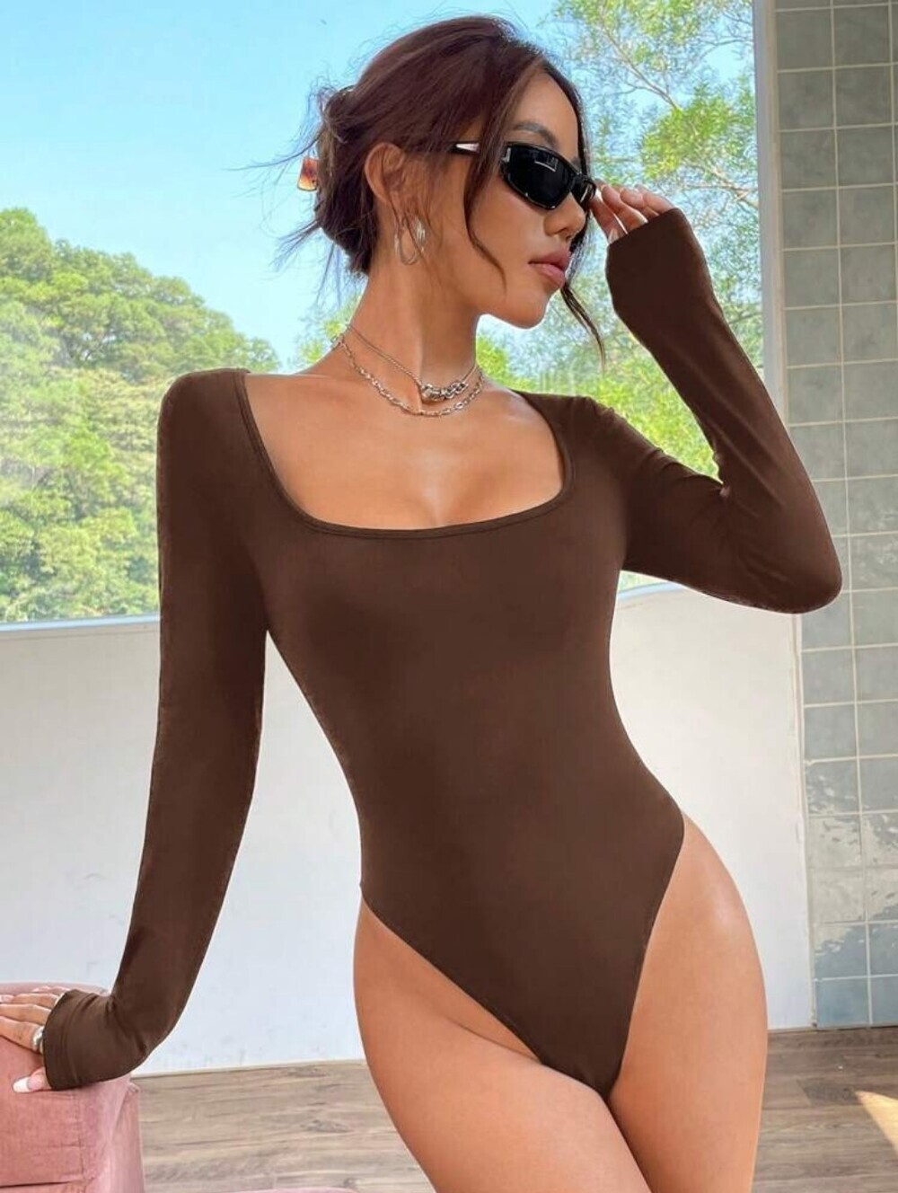 SHEIN Brown Long Sleeve Bodysuit Women's Size Small Stretch Casual